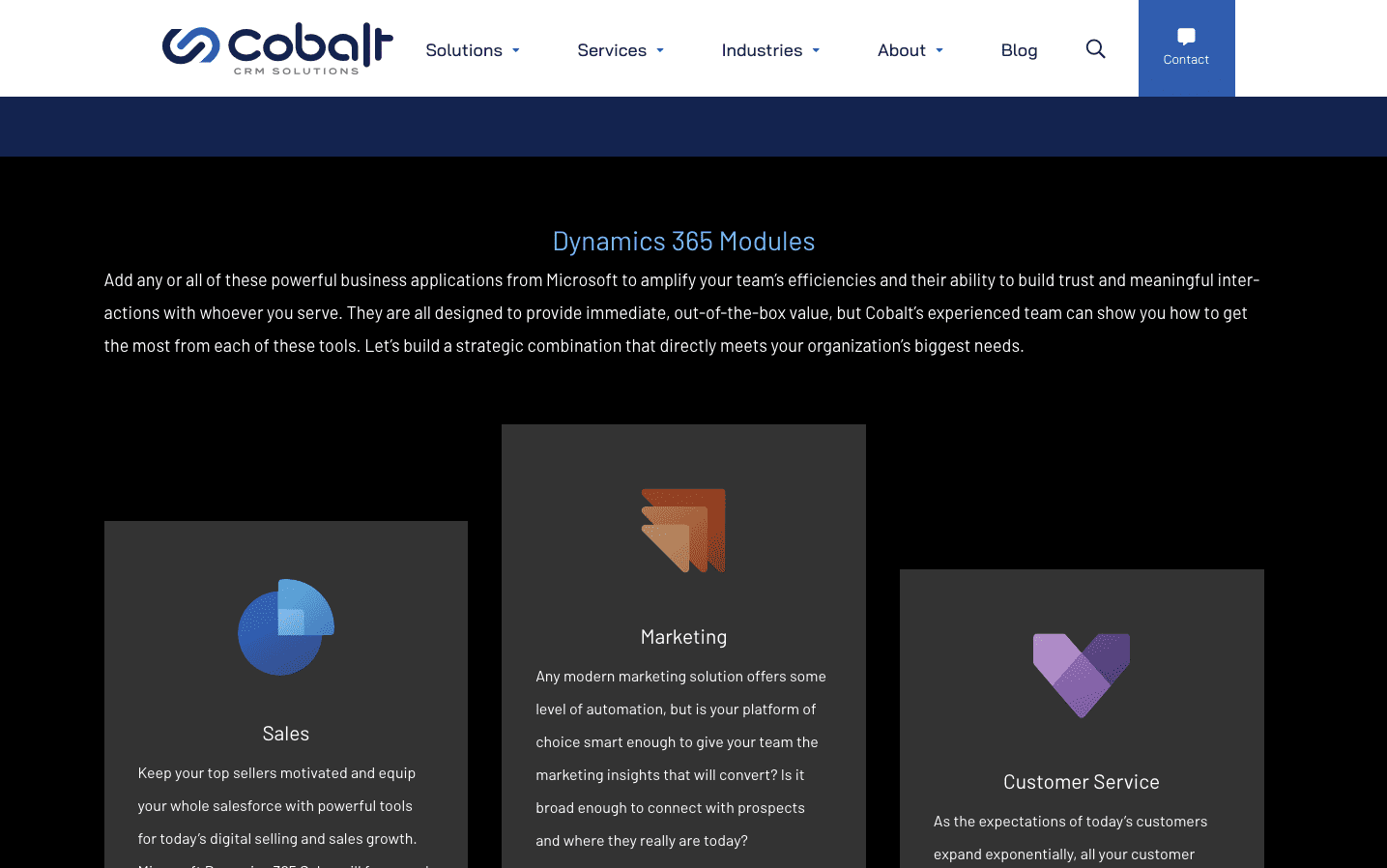 A screenshot from Cobalt’s website with information about the CRM they sell. The image includes icons and short descriptions of different applications included in the software. 