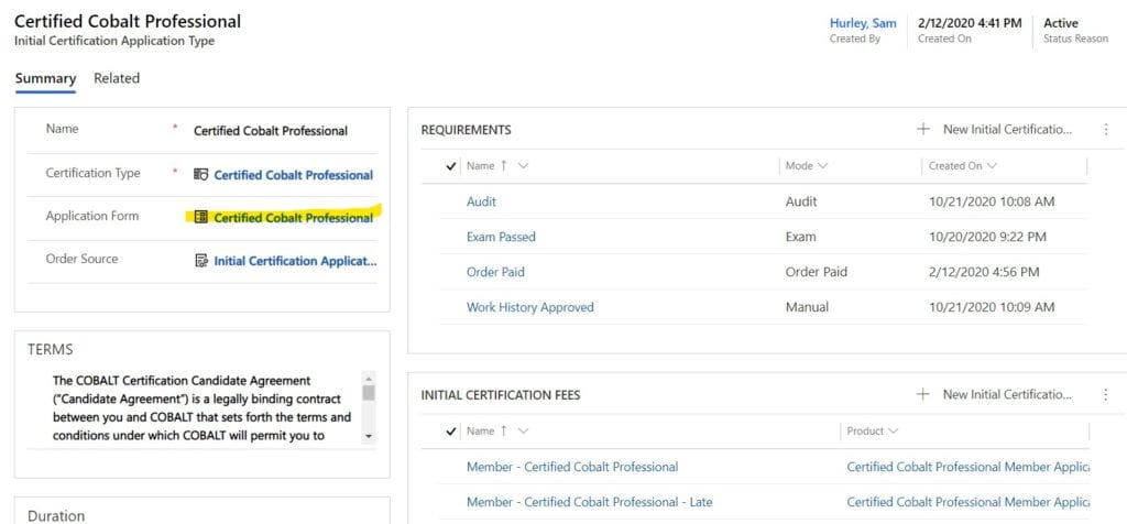 adding a form to an application in Cobalt's Certification Software