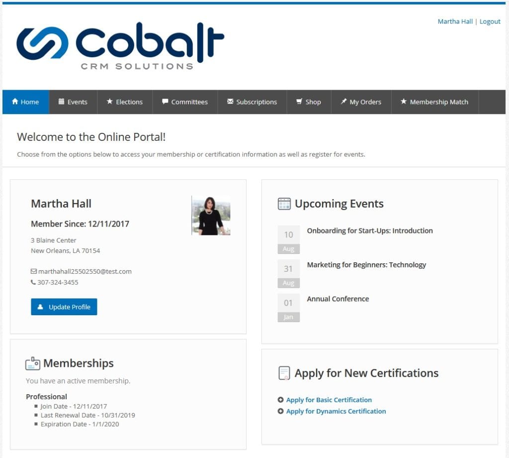 Cobalts Dynamics 365 Customer Portal - Member Home Page