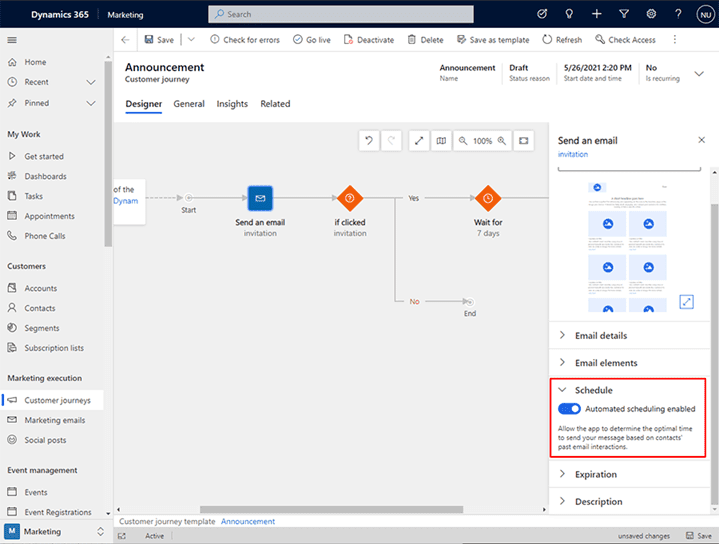 Automated Scheduling is an AI tool in Dynamics 365 Sales + Marketing and can be easily enabled.