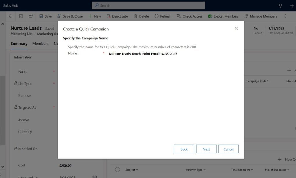 A screenshot of the sales hub in Dynamics 365 Sales that teams use for crm marketing automation and sales software support. The image contains the create a quick campaign window that appears when you create a new one for a marketing list.