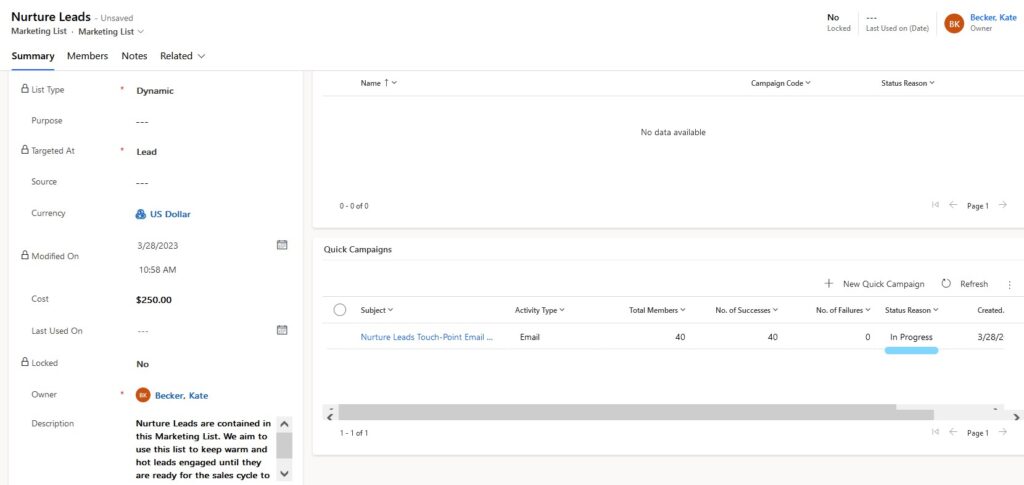 A screenshot of the sales hub in Dynamics 365 Sales that teams use for crm marketing automation and sales software support. The image contains the primary fields for a marketing list record and the options to choose a campaign or quick campaign. You can track in progress campaigns from this screen.