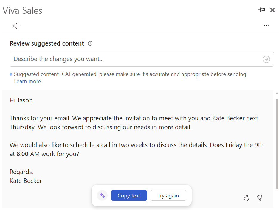 A revised version of an AI-generated email in Microsoft Copilot after suggestions for refining the content that the user gave.