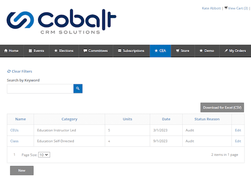 A screenshot of the interface inside Cobalt's certification management software that showcases how certificants can search their ongoing education and certificate progress, and see a list of all their certification progress in one central location.