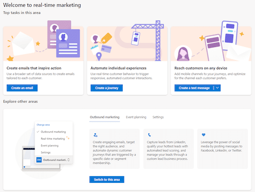 The image shows the real-time marketing interface inside Dynamics 365 Marketing and some of the different options it provides users: creating an email, marketing automation options, adding mobile device channels, and more. 