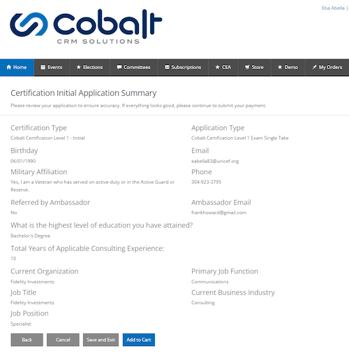 A screenshot of the interface for initial certification applications inside Cobalt's certification software. The image shows various fields of information including certification type, birthday, application type, job title, email, phone, etc.